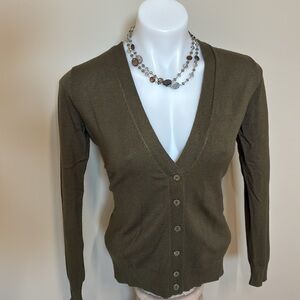 Olive Green Button Sweater, Lightweight Knit, X Small
